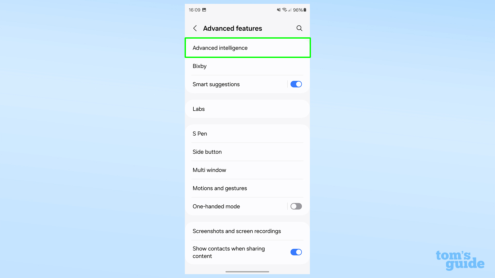 Selecting Advanced Intelligence within the Advanced settings menu of the Galaxy S24