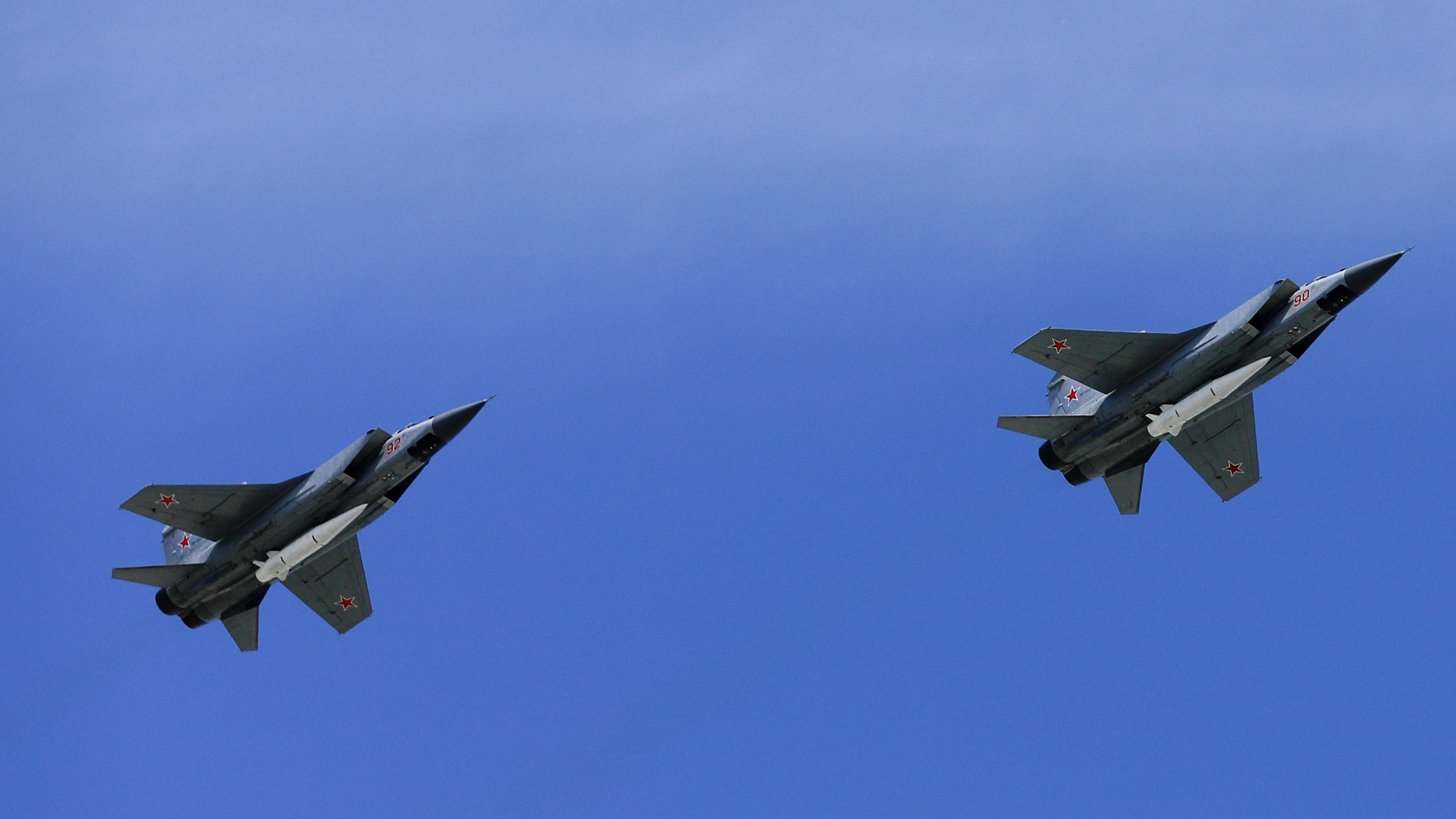 Mikoyan MiG-31K fighter jets with Kinzhal hypersonic missiles fly over Moscow&#039;s Red Square during the Victory Day military parade in Moscow, Russia, on May 09, 2018. Russia has claimed it used these missiles for the first time in combat with Ukraine.