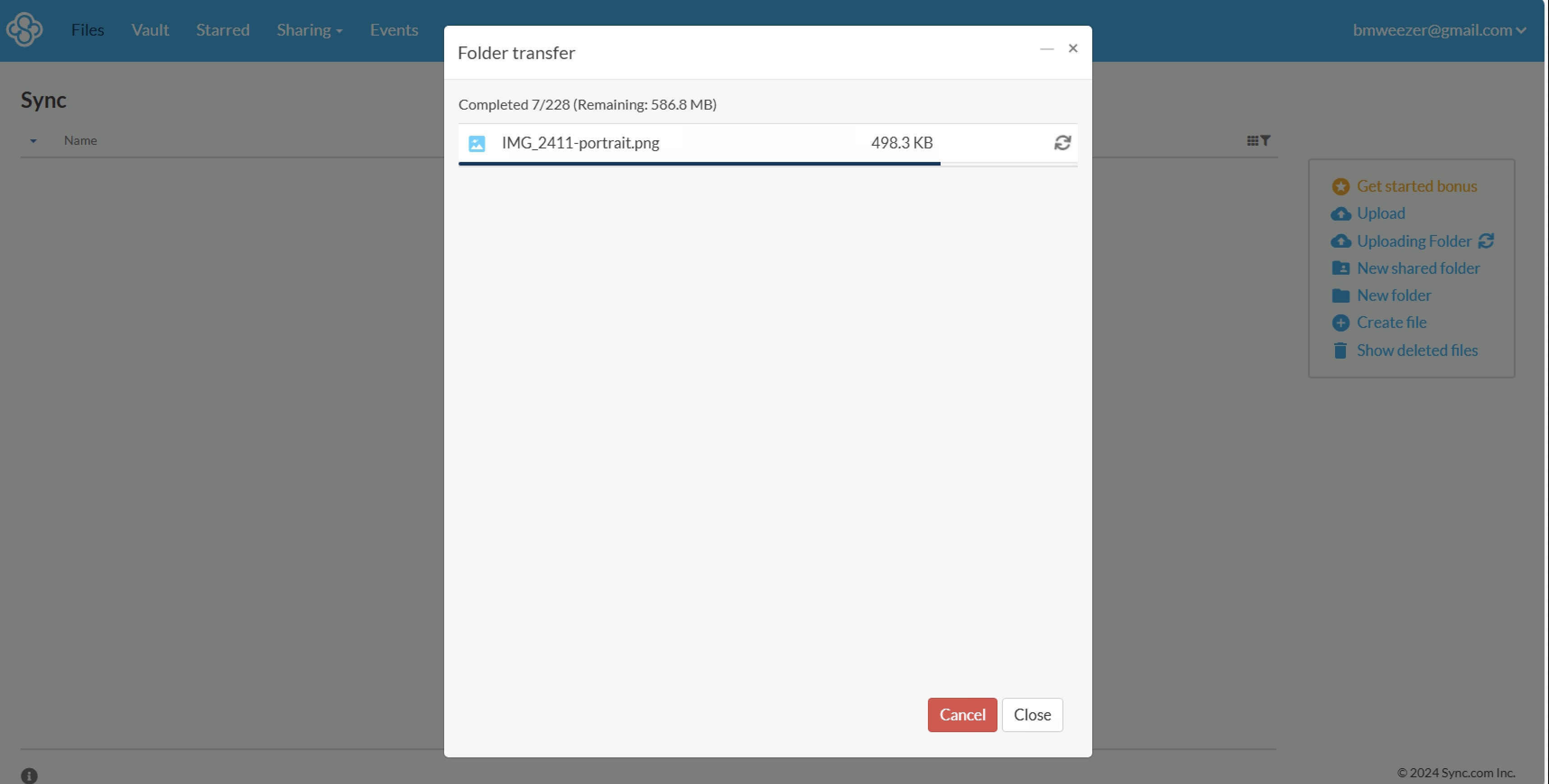 Notre testeur télécharge un fichier sur Sync.com via l'interface web.