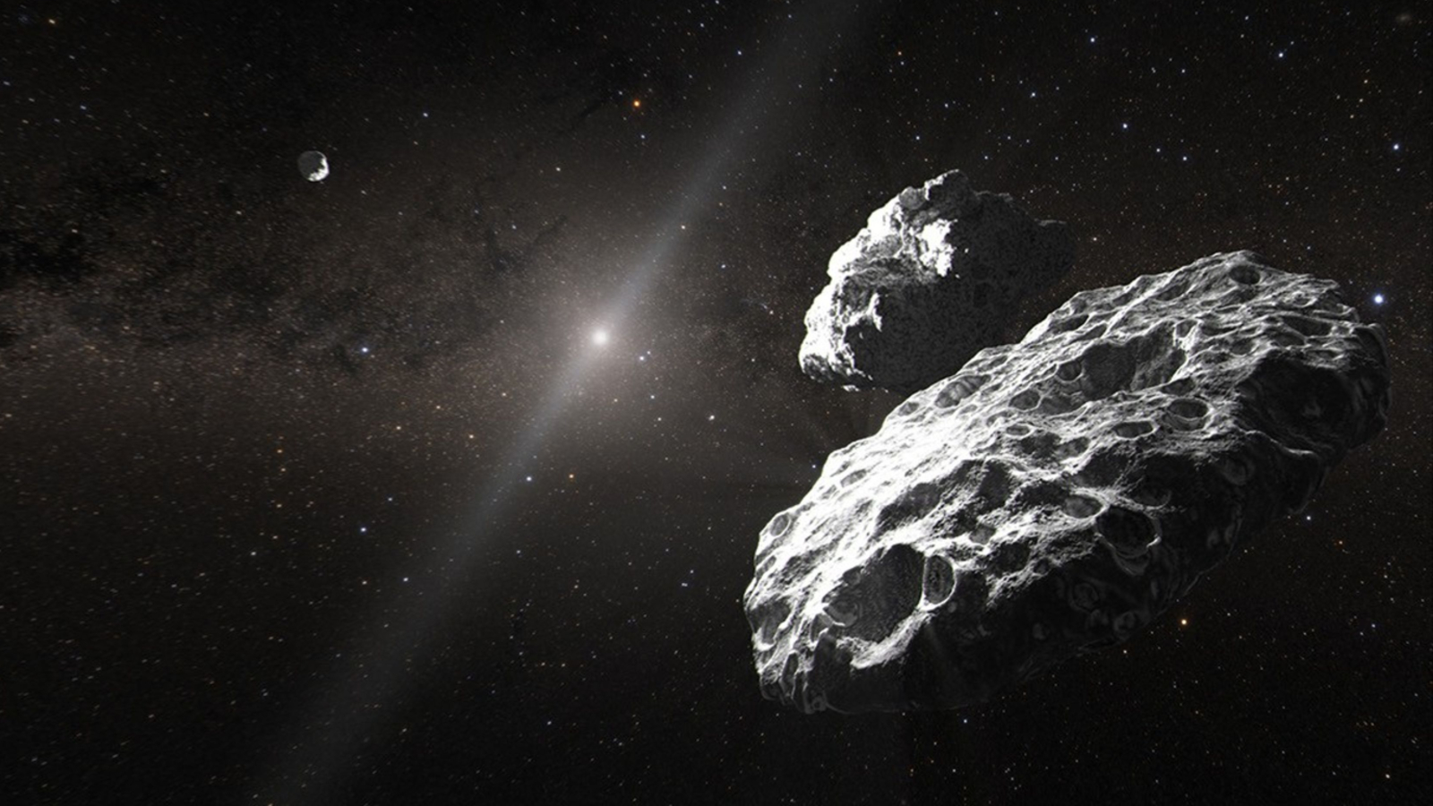 An artist&#039;s interpretation of two asteroids bein gorbited by a third space rock in the 3-body system