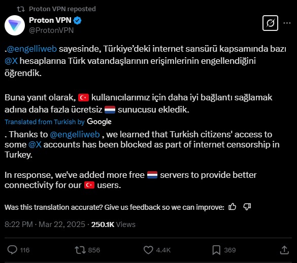 Screenshot of a Proton VPN tweet shared on March 22, 2025