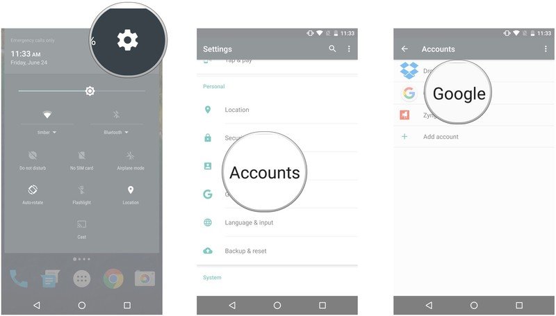Launch Settings, tap Accounts, tap Google