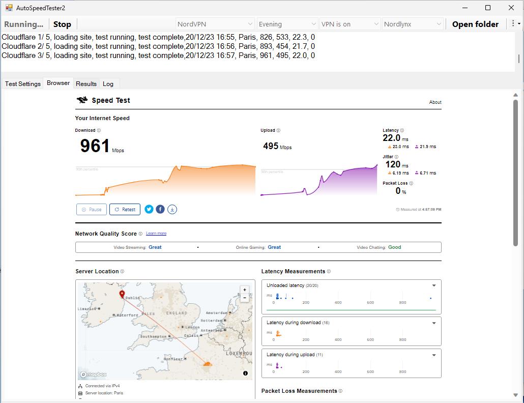 NordVPN speed test on CloudFlare showing 961 Mbps