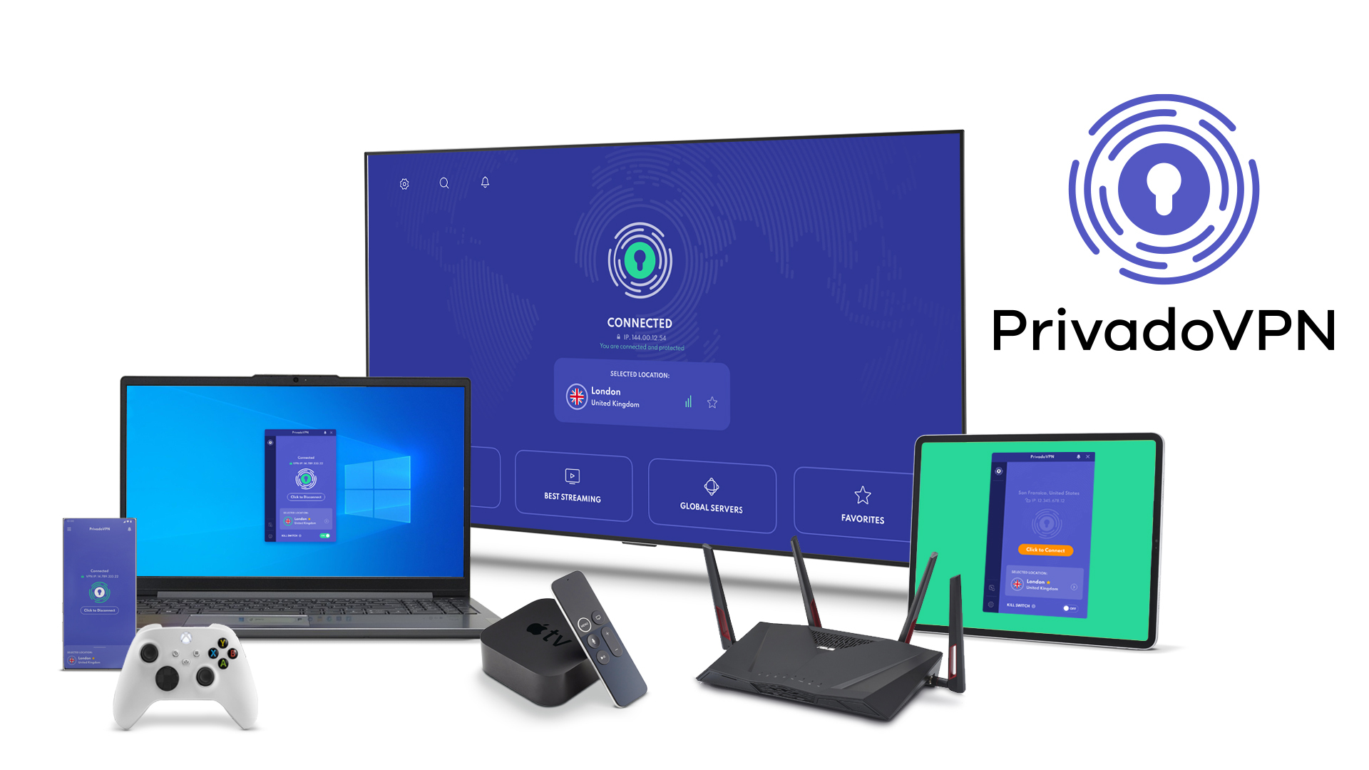 PrivadoVPN running on different devices, including a laptop, TV, tablet and mobile phone, with a console, router and Apple TV remote also in the image