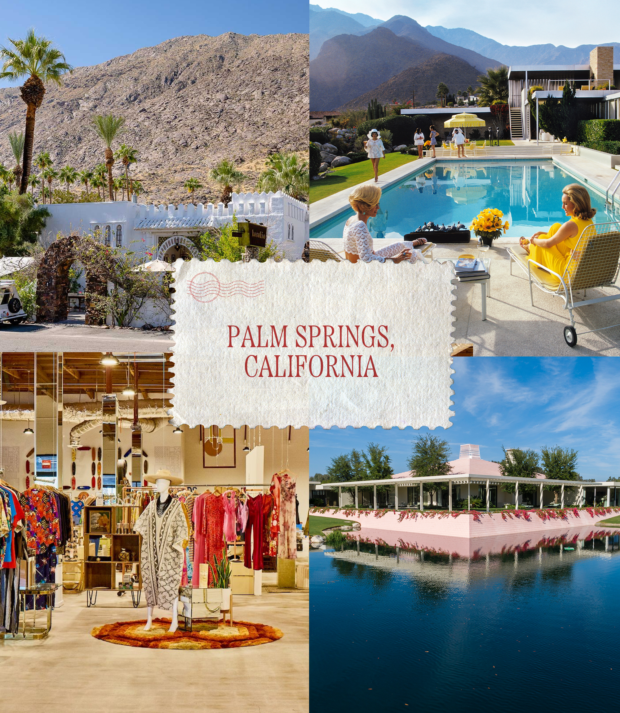 a collage of images of Palm Springs interiors and exteriors