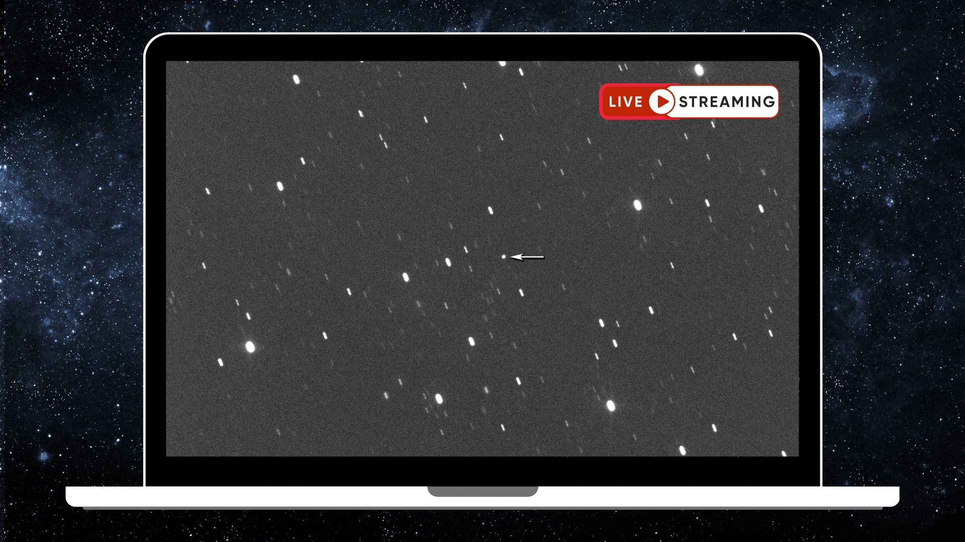 laptop illustration with live streaming sign in the top right corner and a monochrome image of an asteroid white dot flying against a background of stars.