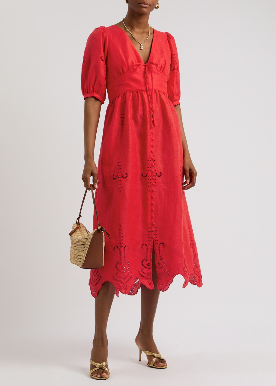 River Eyelet-Embroidered Linen-Blend Midi Dress