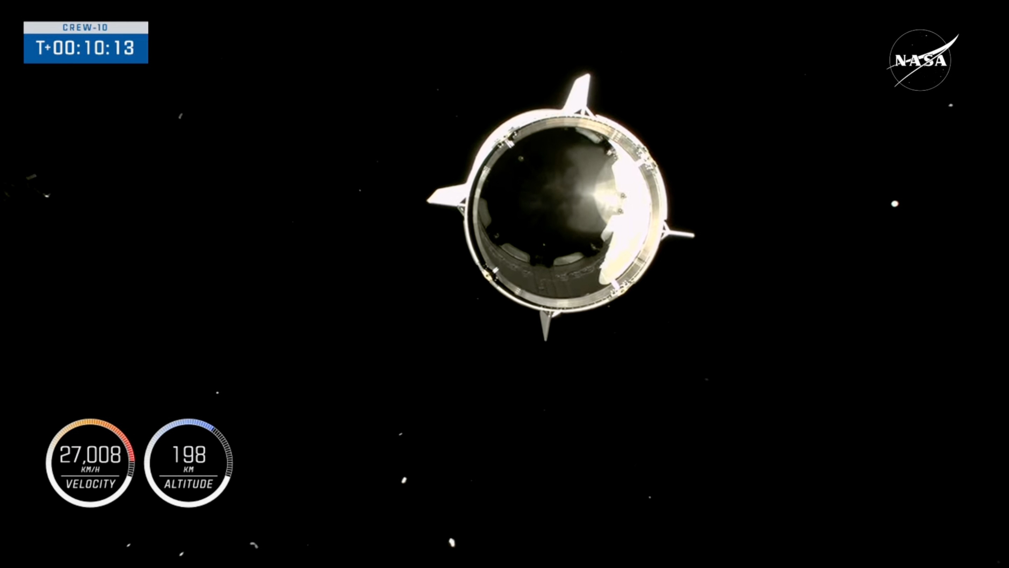 in-space view of the back of a space capsule just after it separated from its rocket in orbit