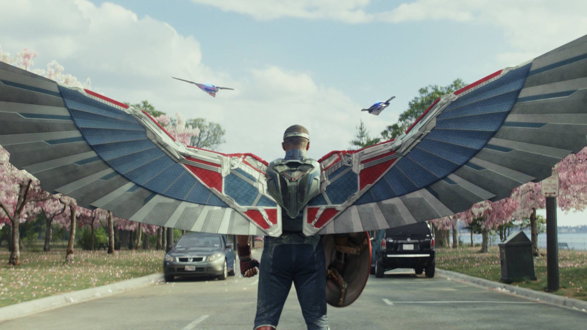 Anthony Mackie as Sam Wilson with wings extended on his back during the Marvel Phase 5 movie Captain America: Brave New World.