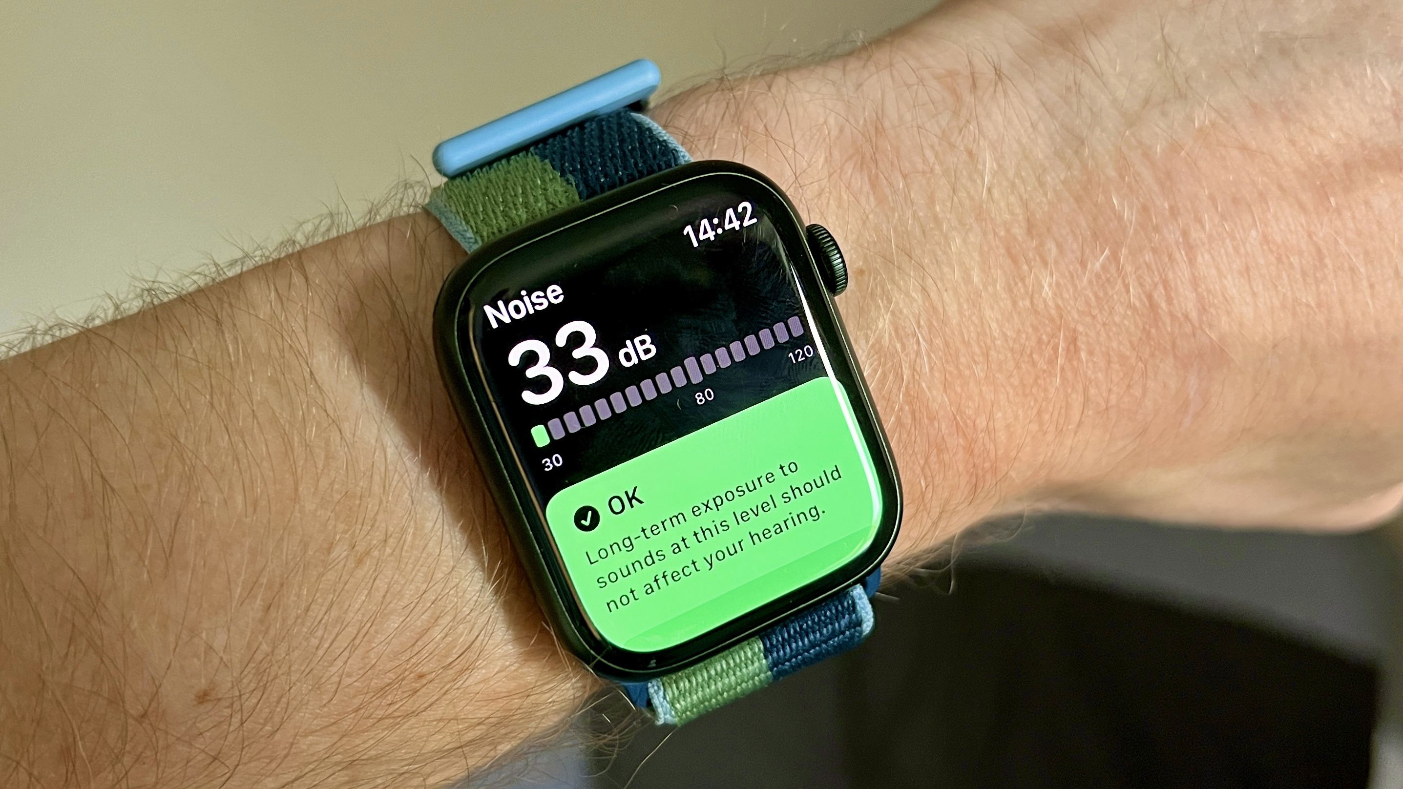 Apple Watch Series 7 audio monitor on a wrist.