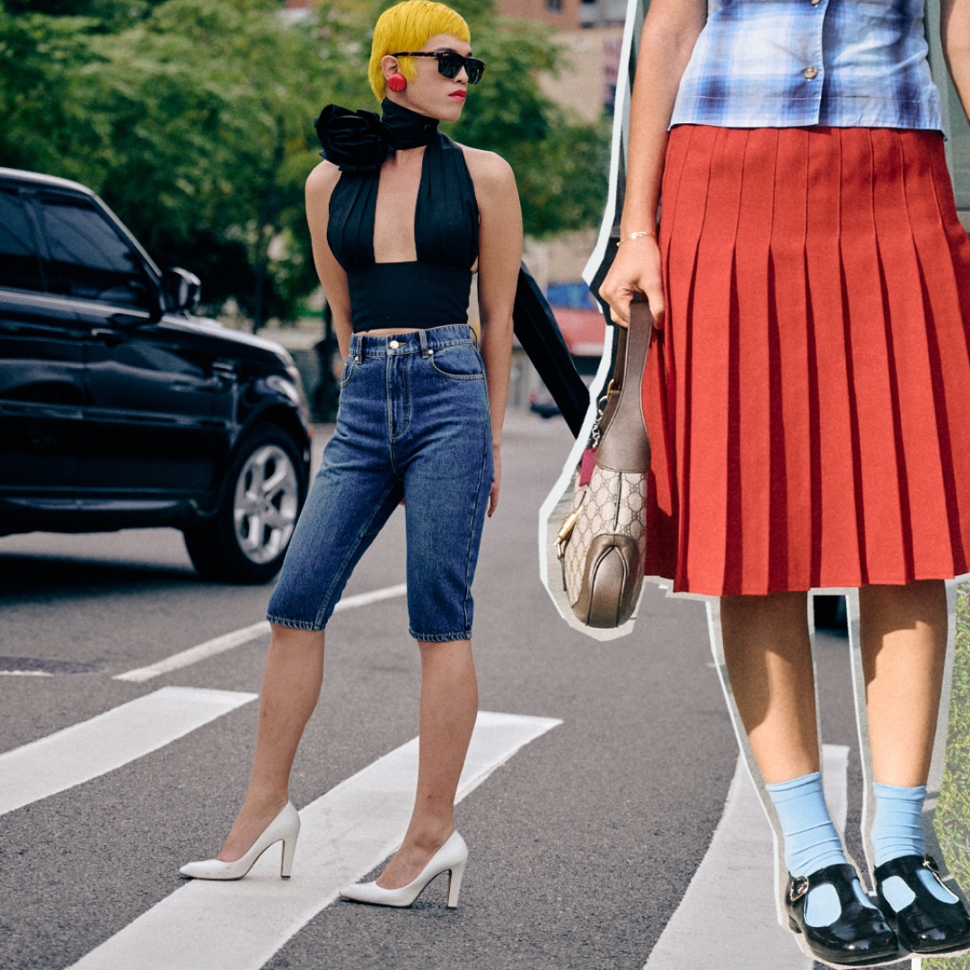 a Marie Claire graphic of the top summer 2025 trends of New York Fashion Week street style guests wearing denim bermuda shorts, mary janes, blue socks, and red pleated skirts