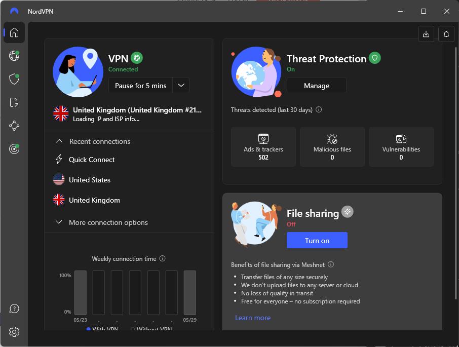 NordVPN Windows VPN app screenshot of home screen