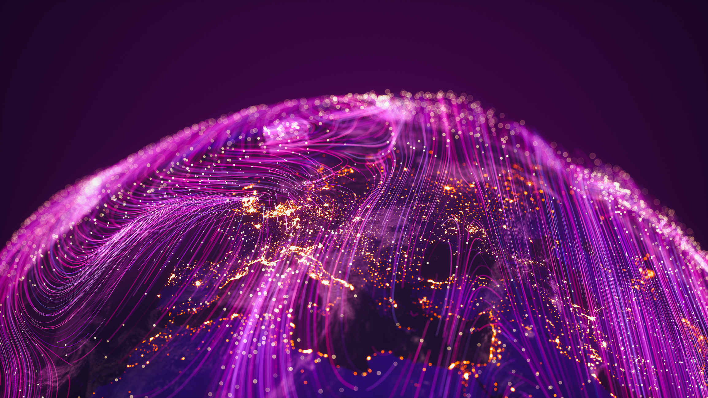 A detailed visualization of global information networks around Earth.