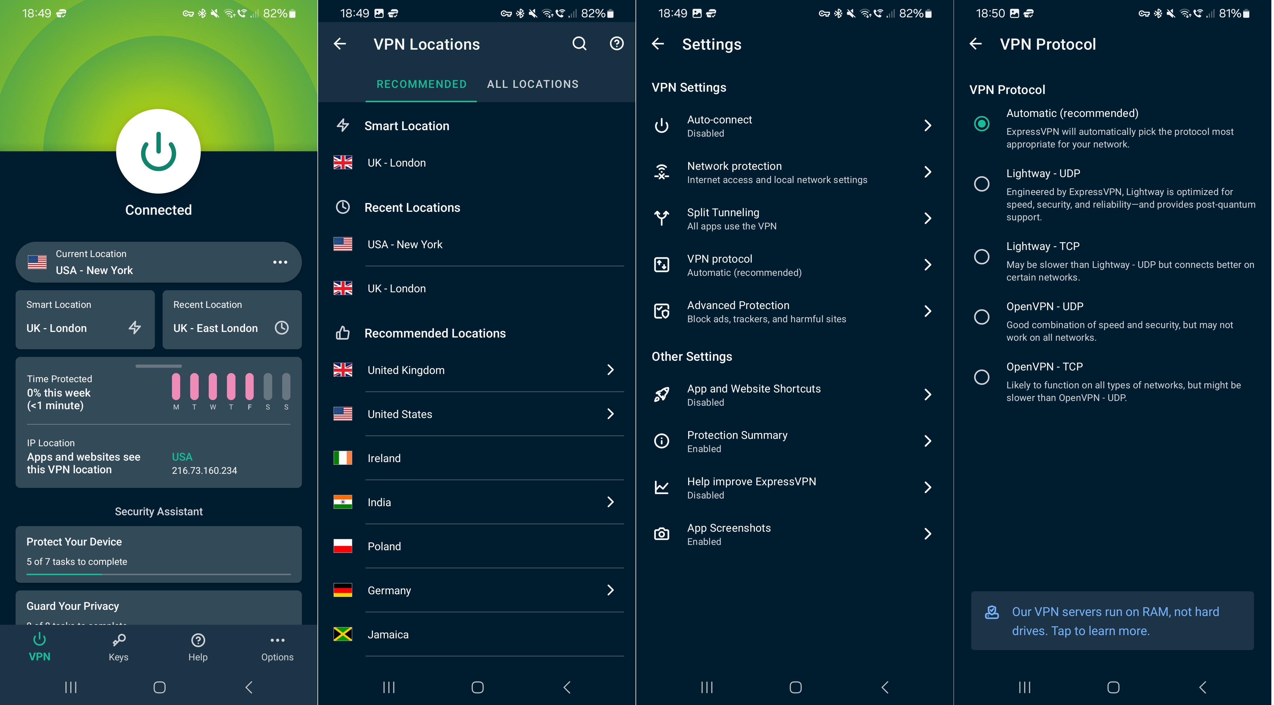 Four screenshots from ExpressVPN's mobile interface