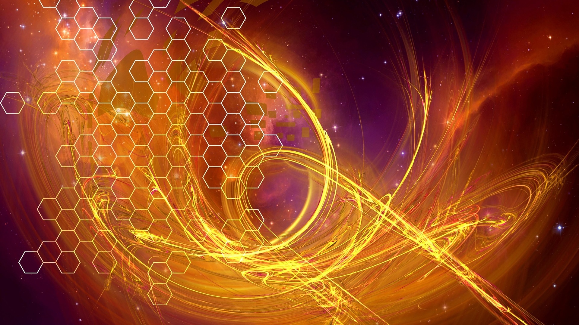 An abstract illustration of lines and geometric shapes over a starry background