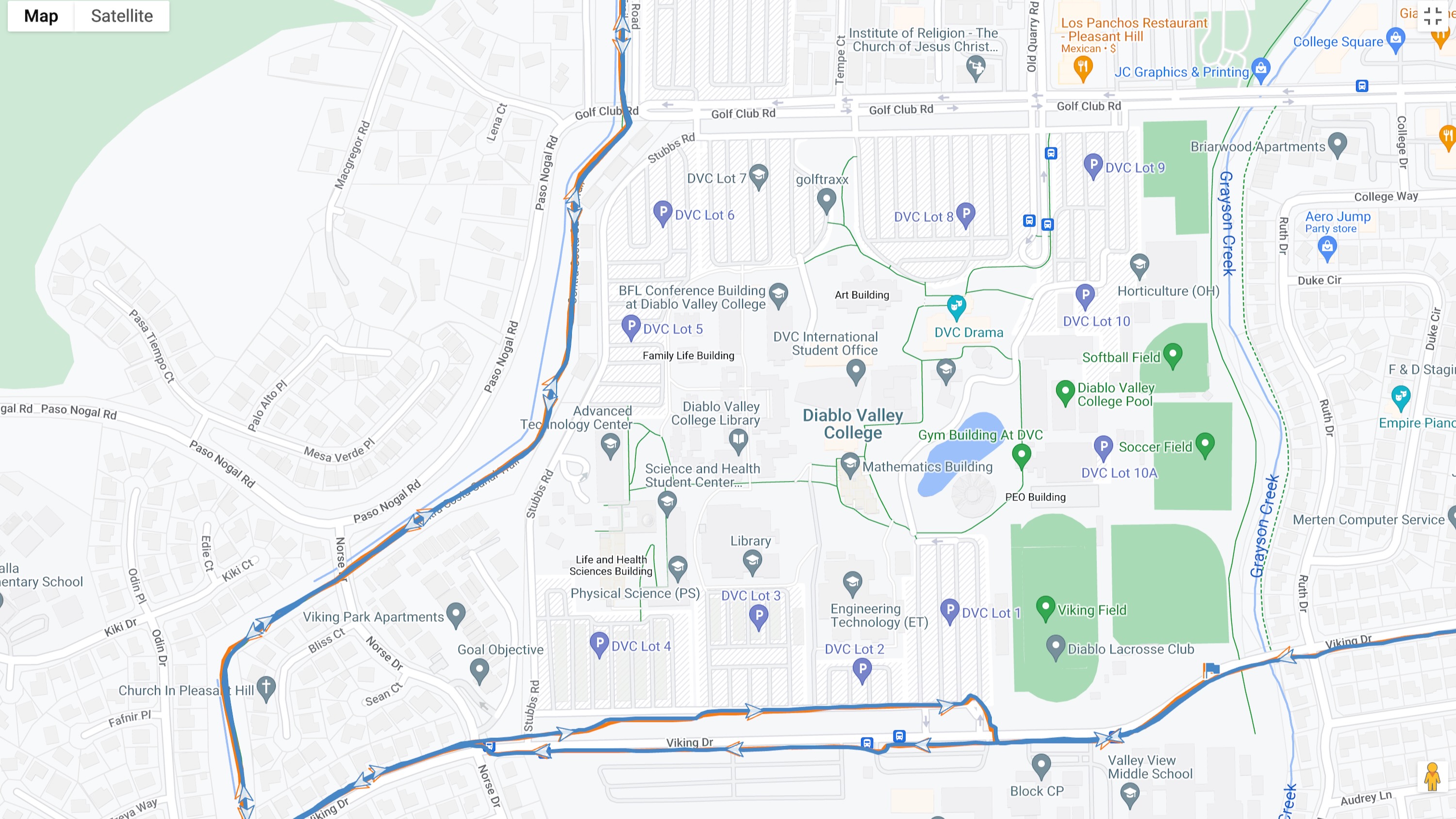 A map showing the author's GPS running route while wearing two Garmin watches (the Venu 3 and Forerunner 965) to compare their accuracy. The Venu 3 is pretty close to the Forerunner 965 in most cases.