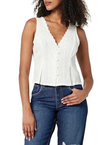 The Drop Women's Paloma Lace Trimmed Sleeveless Top Shirts, Whisper White, S