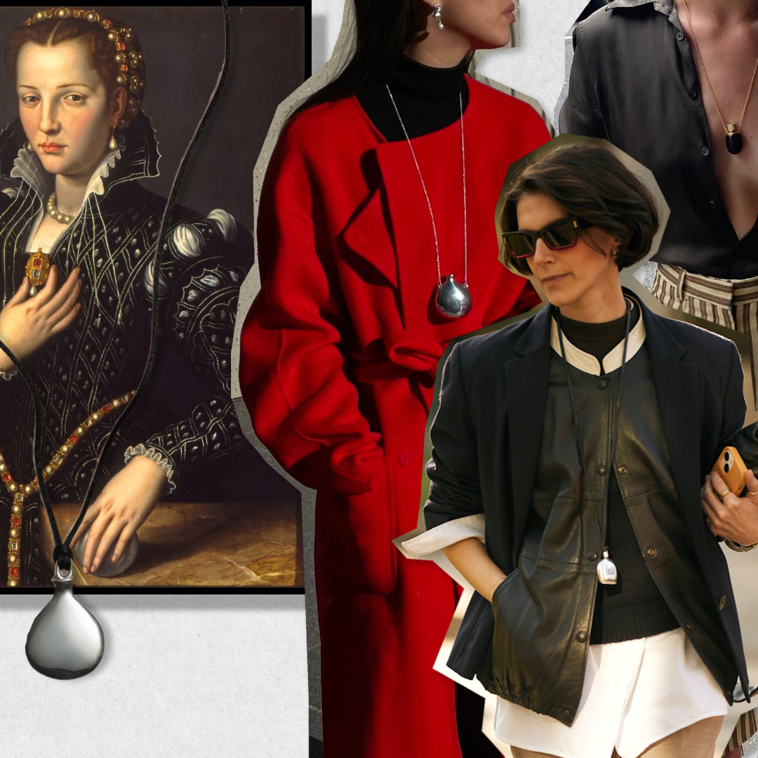 A graphic of the perfume necklace trend for 2025 featuring a painting, woman wearing perfume bottle pendant necklaces, and elsa peretti by halston perfume pendants