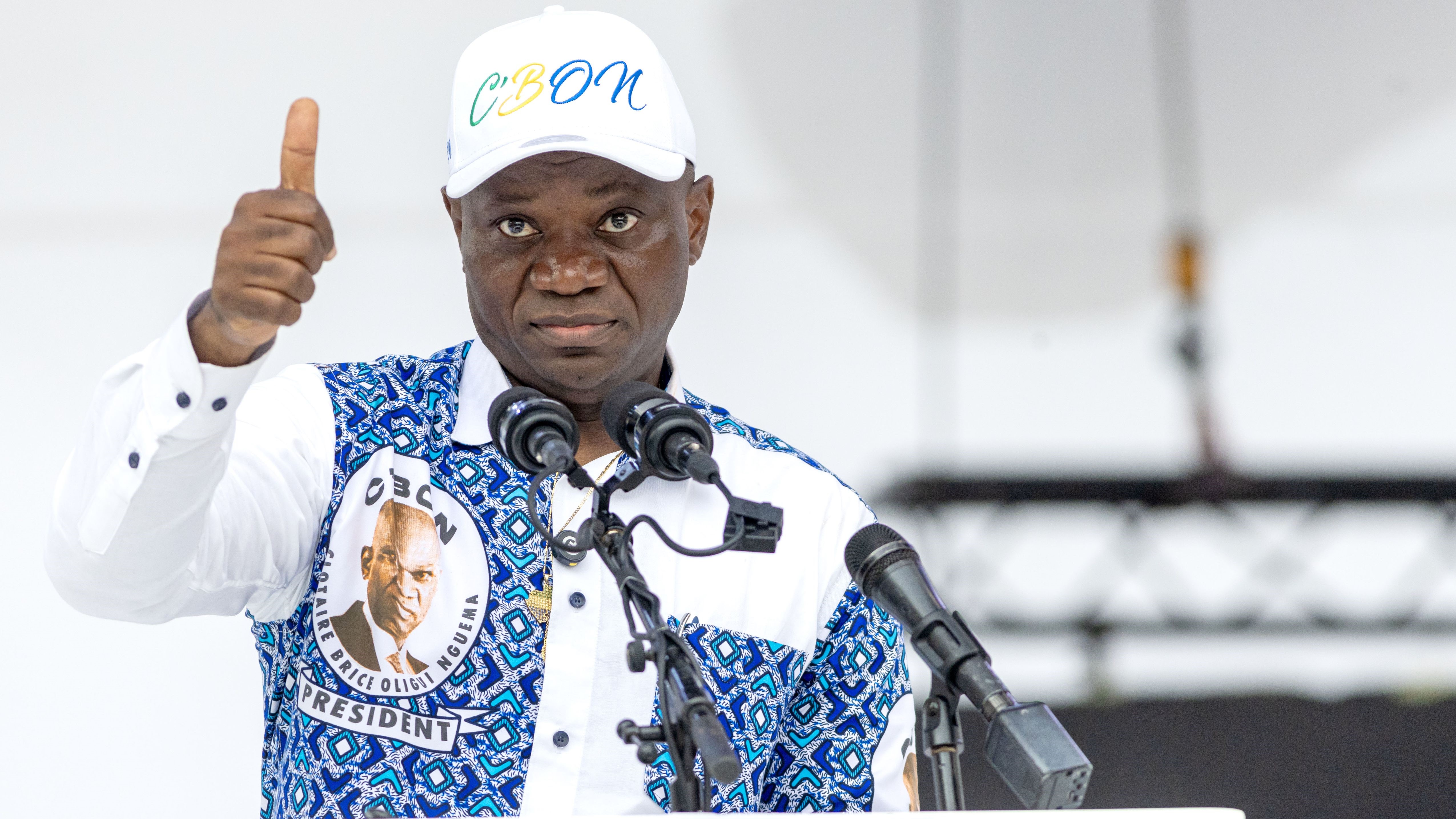 Brice Clotaire Oligui Nguema, candidate for the Gabonese presidential election during his campaign opening rally at the Amitie stadium in Libreville on March 29, 2025.