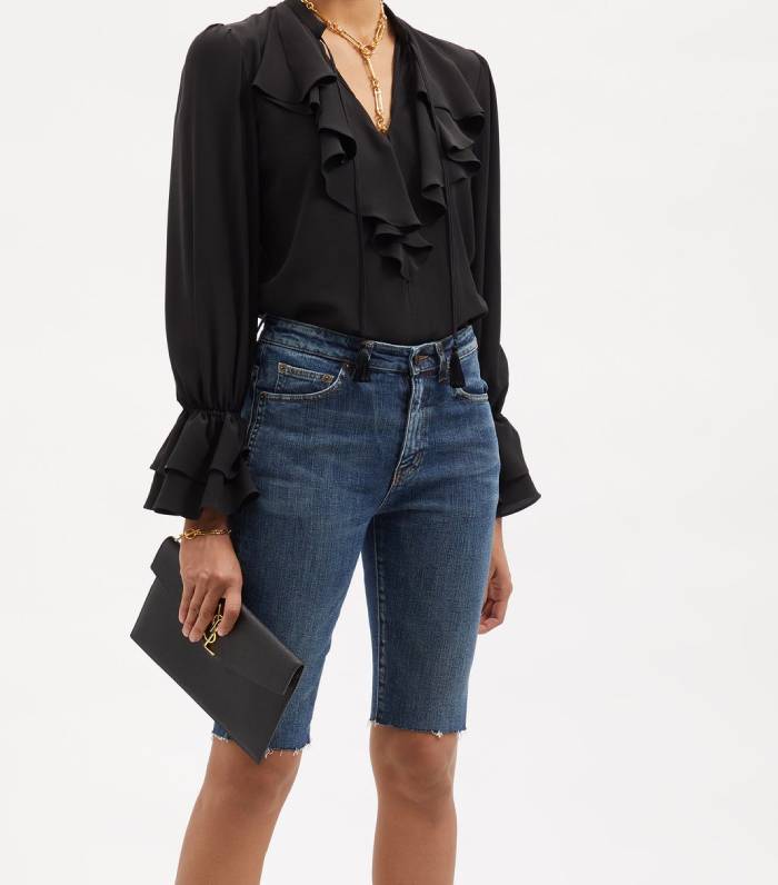 Saint Laurent + Raw-Edged Denim Cycling Shorts