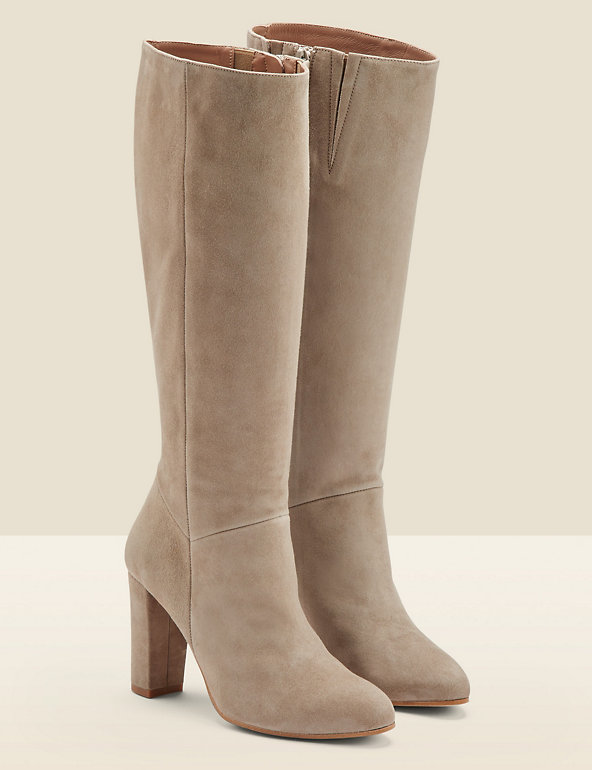 Sosandar + Suede Block Heel Knee High Boots