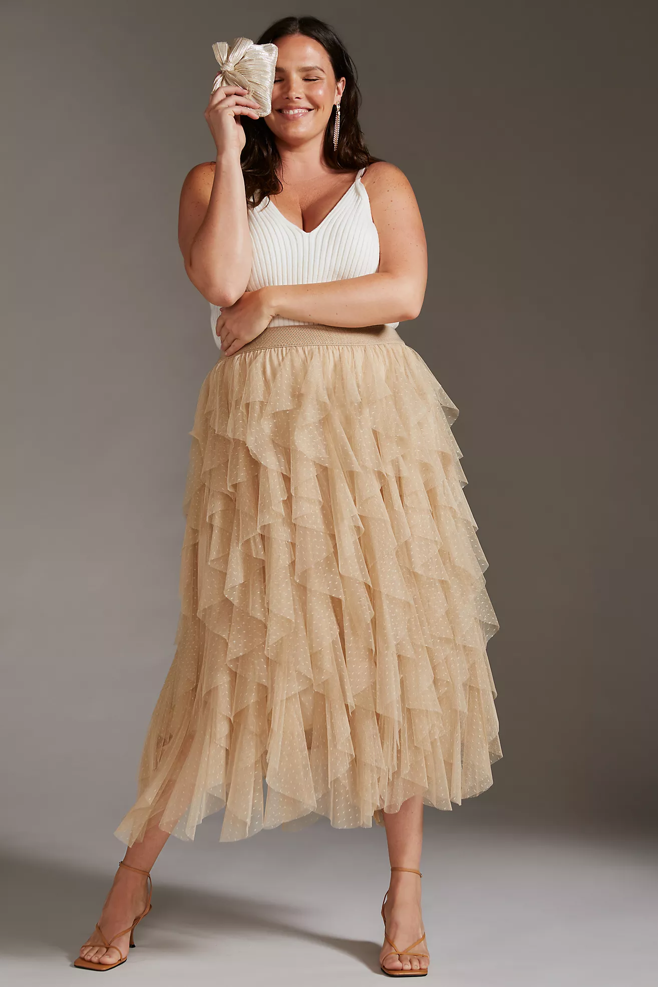 By Anthropologie + Ruffled Tulle Midi Skirt